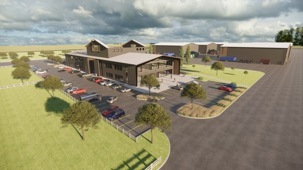 A rendering shows various aspects of the film studio.