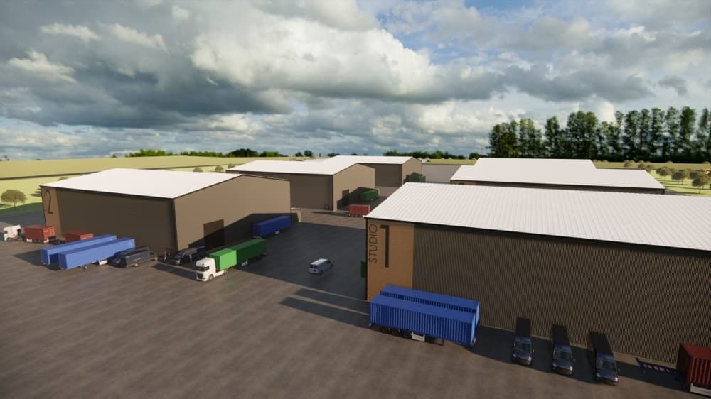 A rendering shows various aspects of the film studio.