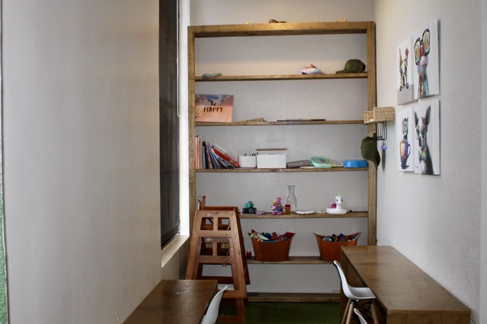 shelves with toys