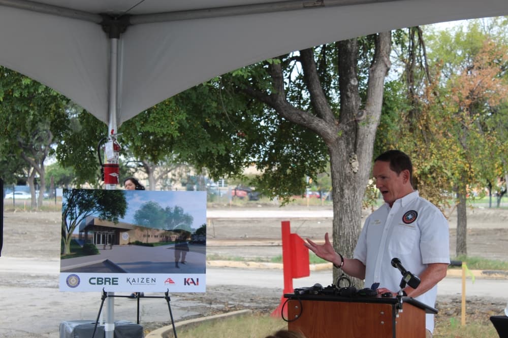Dallas County Judge Clay Jenkins motions with one hand while he speaks about the new emergency operations center during a groundbreaking ceremony July 29. 
