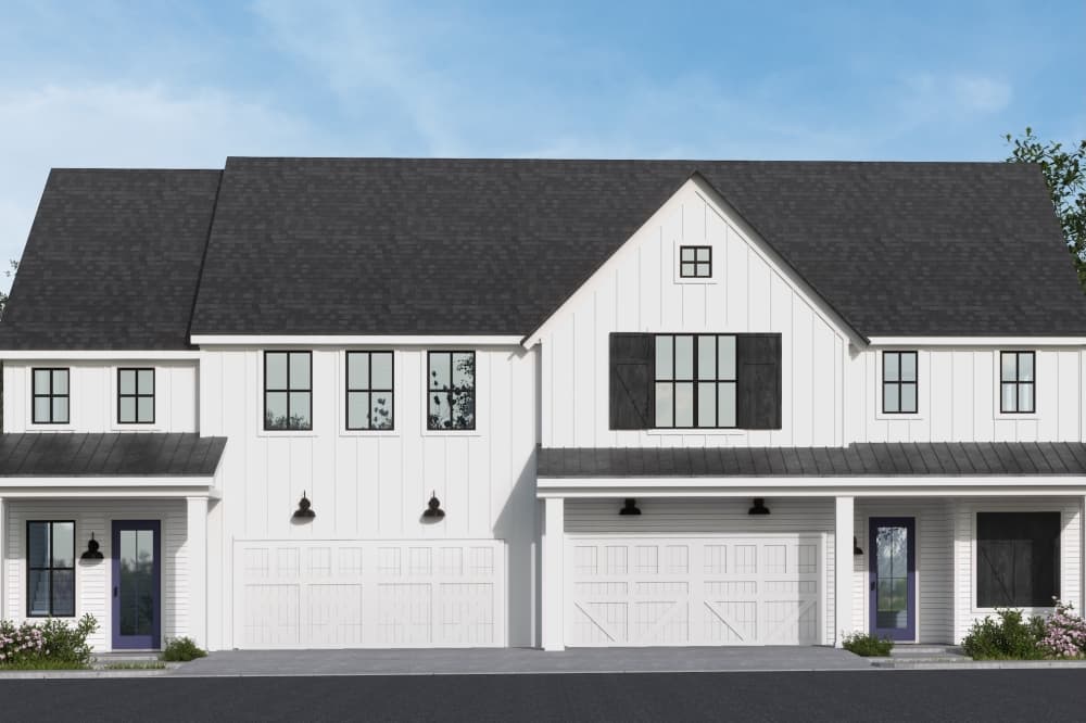 Rendering of Olivia Clarke Homes' paired floor plans, Sloan and Shiloh, shown in Farmhouse style