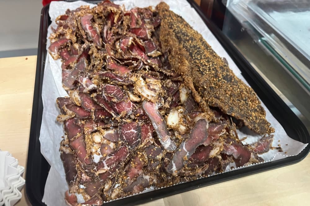 Meat on a tray. 