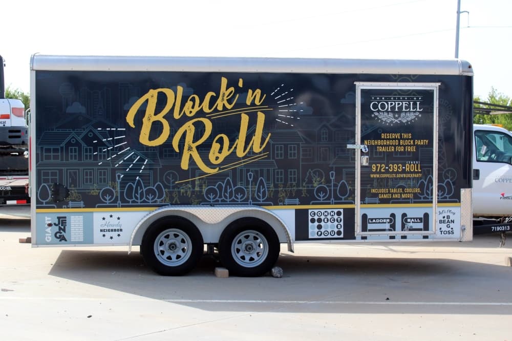 Trailer with "Block and Roll" signage. 