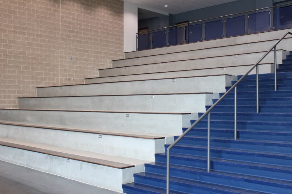Freeman High School includes multiple sets of learning stairs, where students can gather or teachers can hold classes. (Kelly Schafler/Community Impact)