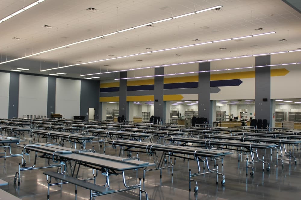 Freeman High School's cafeteria is prepped for the first day of school. (Kelly Schafler/Community Impact)