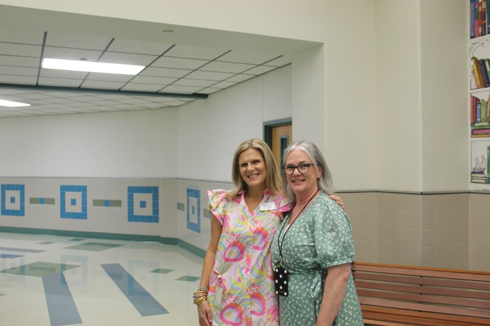 Heritage Elementary School Principal Jill Hemme and Counselor Michelle Laumann pose for a photo on the first day of school Aug. 14.
