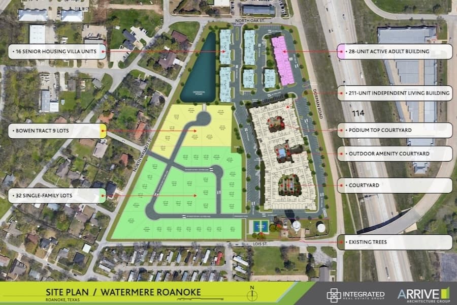This site map shows the division of single-family housing options and senior living options in the proposed Watermere development. The project was tabled at the Aug. 13 Roanoke City Council meeting. (Courtesy city of Roanoke)