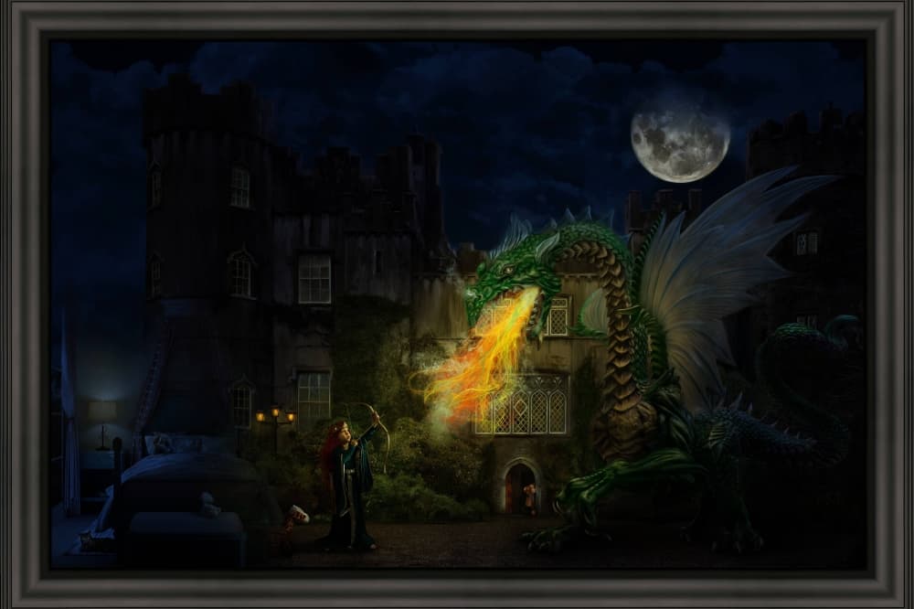 Mixed media featuring dragon and girl. 