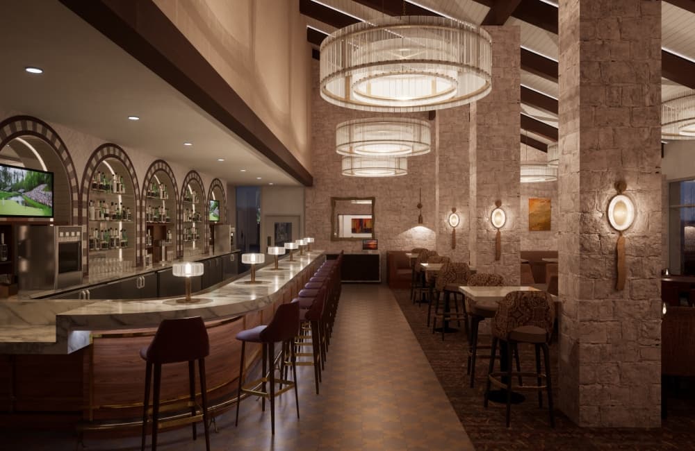 An indoor dining area with bar and ambient lighting. 