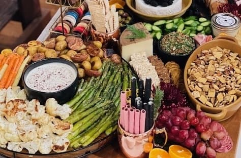 A charcuterie display with fruits, cheeses and meats. 