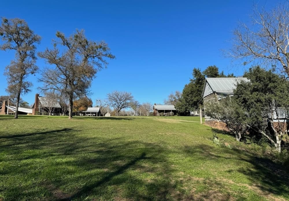 The outdoor area is shown with green trees, a blue sky and white buildings in the background.