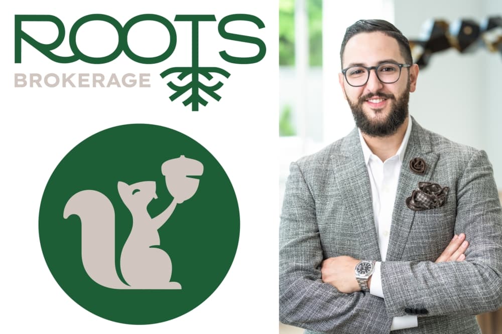 The Roots Brokerage logo, Sam the Squirrel, and real estate broker Subhi Gharbieh.