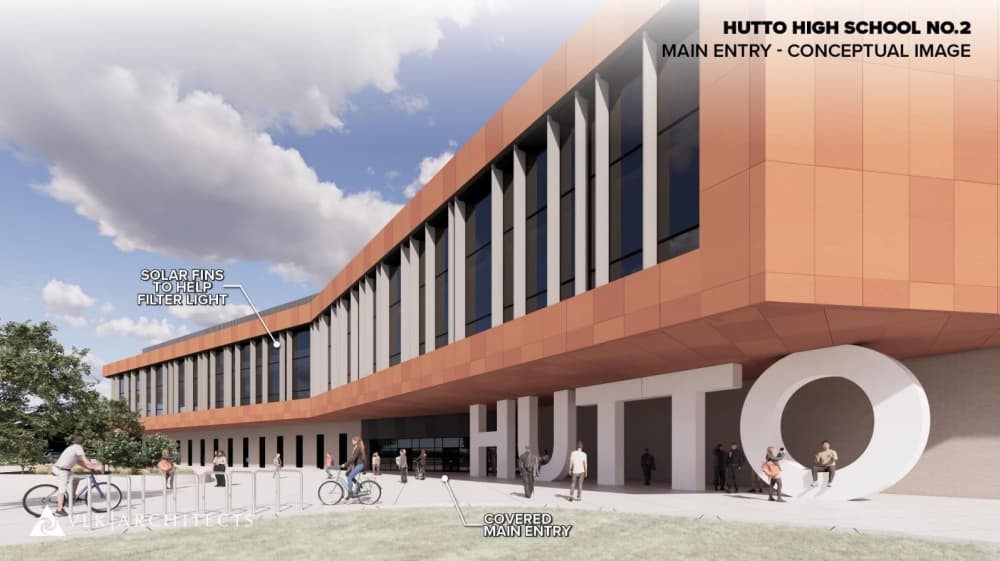 Significant changes to the school's entrance are included in schematic plans for the campus. (Courtesy VLK Architects)