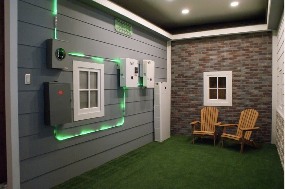 A photo of a model showing the Base battery setup and how power runs through a house when it is working properly. 