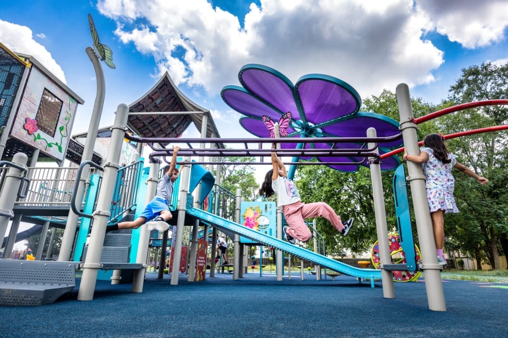 Humble Elementary's new fiesta-themed playground includes a tower structure, a 12-foot slide, flower shade structures and outdoor musical instruments. (Courtesy Humble ISD)