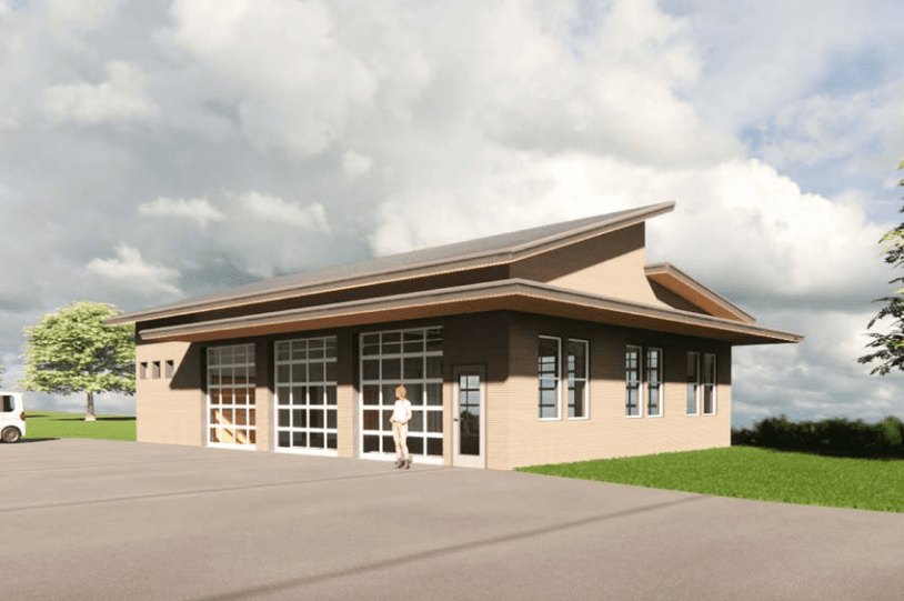 A rendering of a pavilion with three garage doors that can open and close. 