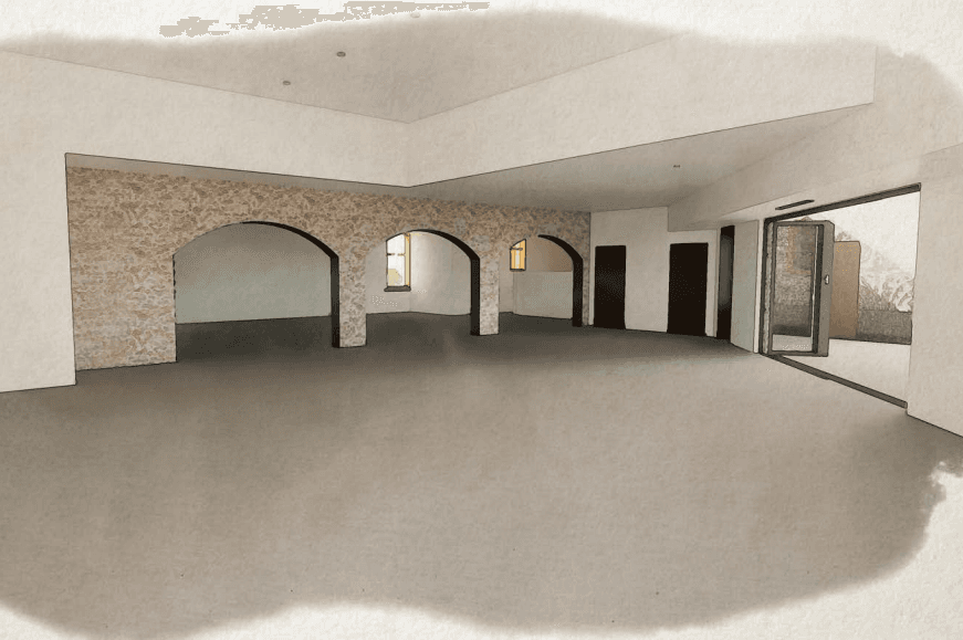 A rendering of an outdoor courtyard being enclosed. 