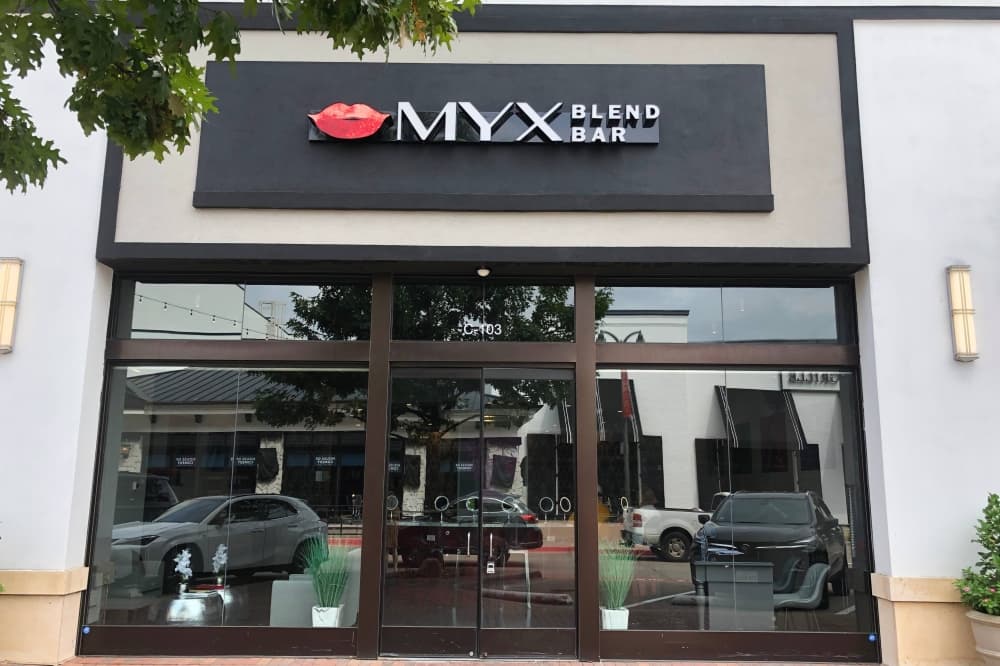 Exterior of a building with MYX Blend Bar signage. 