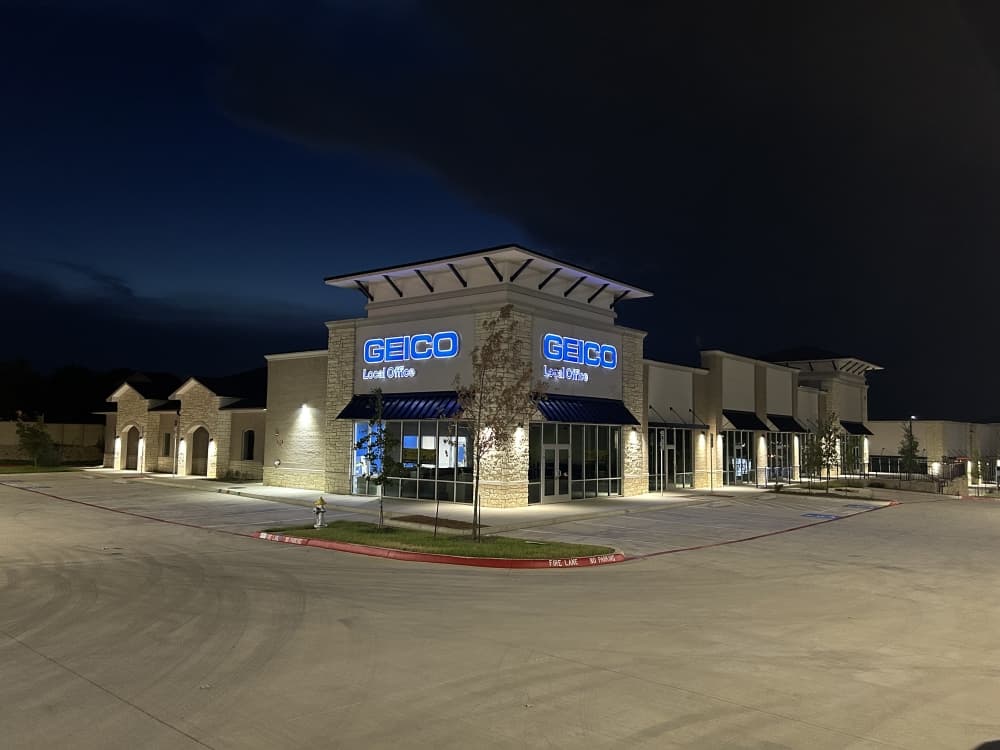 The GEICO local office in the The Colony at night. 