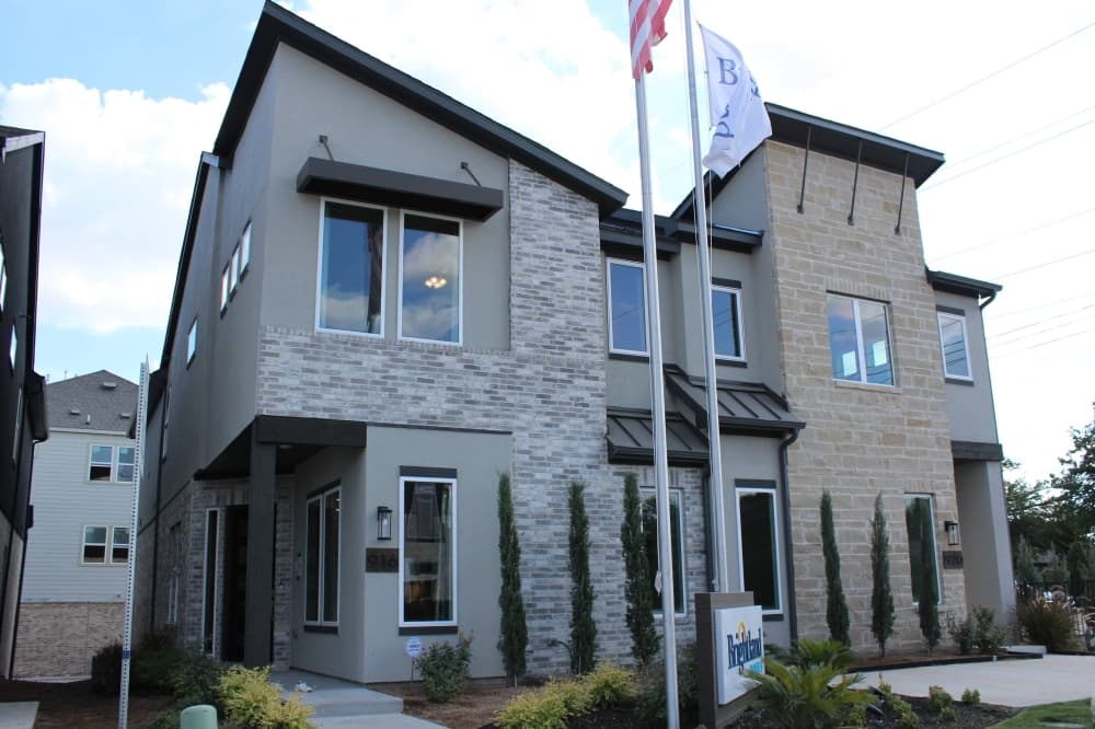 Exterior of a two-story duplex townhome. 