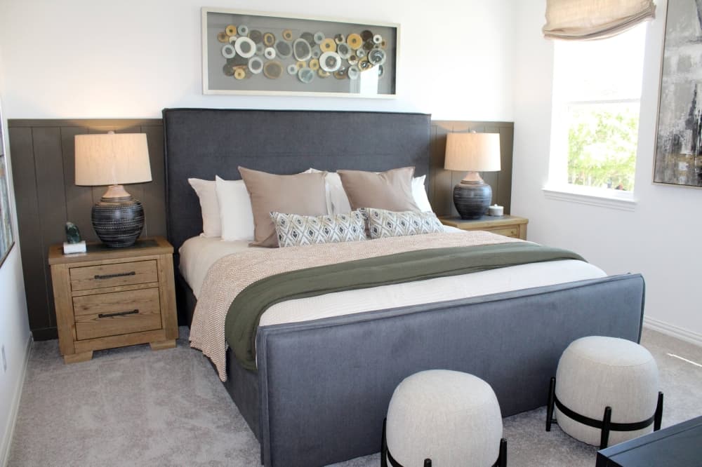 Bedroom with natural toned decor. 