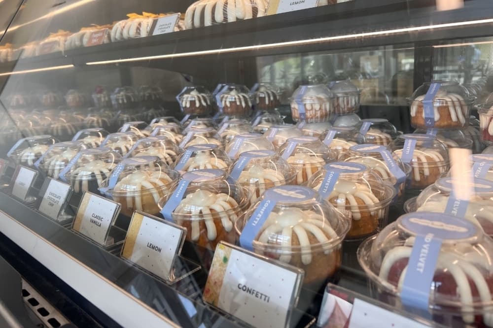 Bundt cakes lined up on display.
