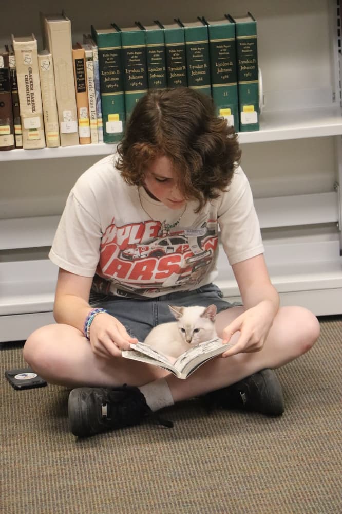 A teen reads a book to a small kitten.