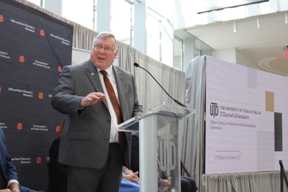 UT Dallas President Richard Benson speaks during a ceremony welcoming the Crow Museum of Asian Art to campus. 