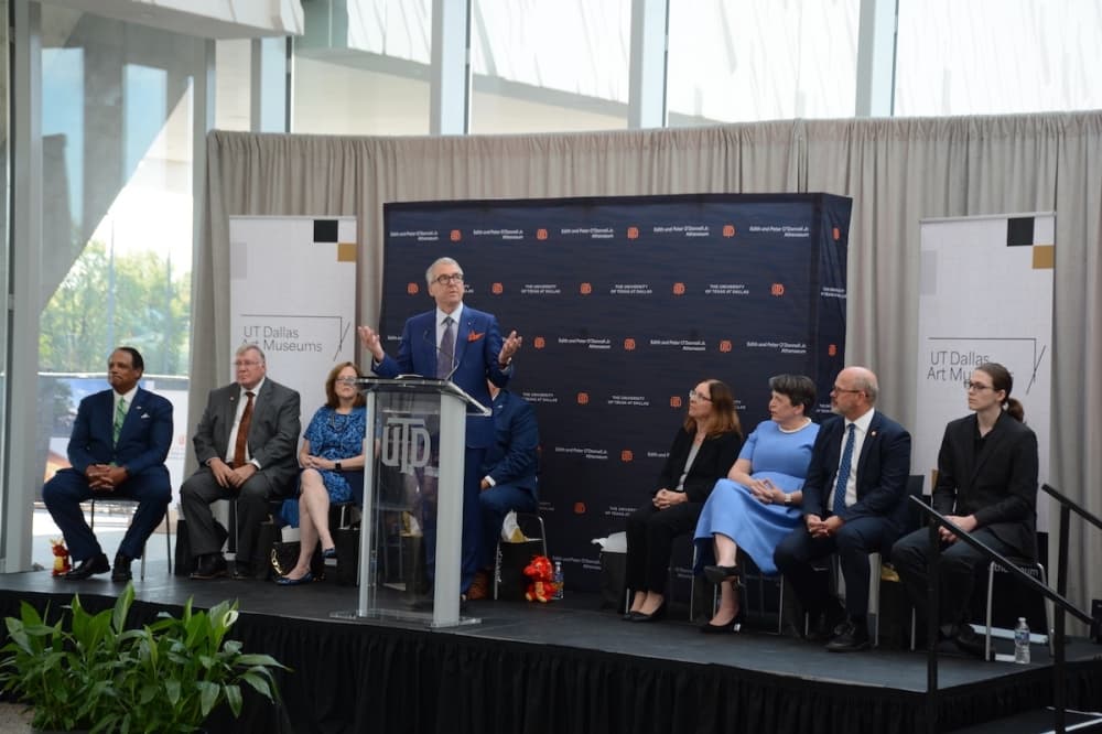 James B. Milliken, chancellor of the University of Texas System, speaks about the new art museum at the UT Dallas Athenaeum. (Connor Pittman/Community Impact)