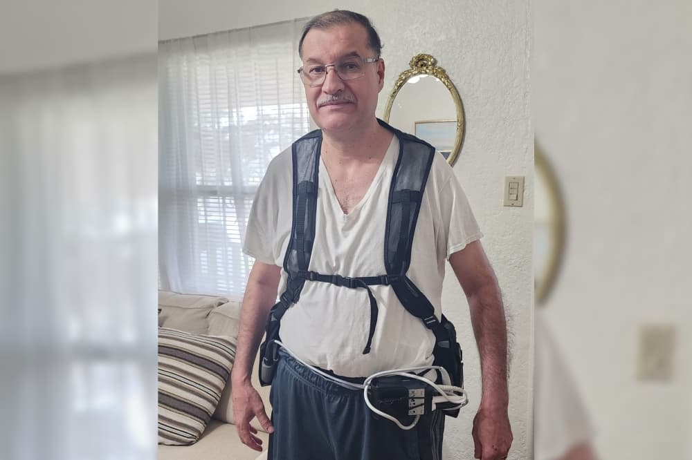Roberto Lozano wears a left ventricular assist device