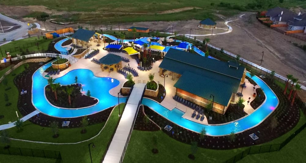 The Lazy River Community Center lights up into the evening. 