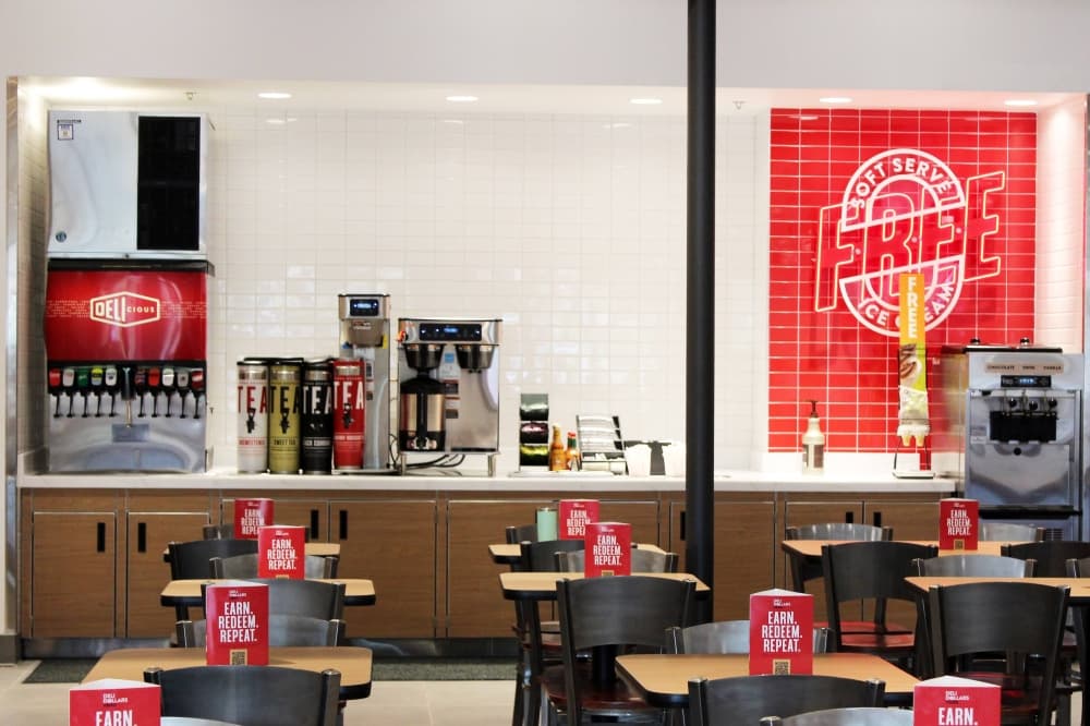 Interior of a Jason's Deli including drink station and ice cream station.