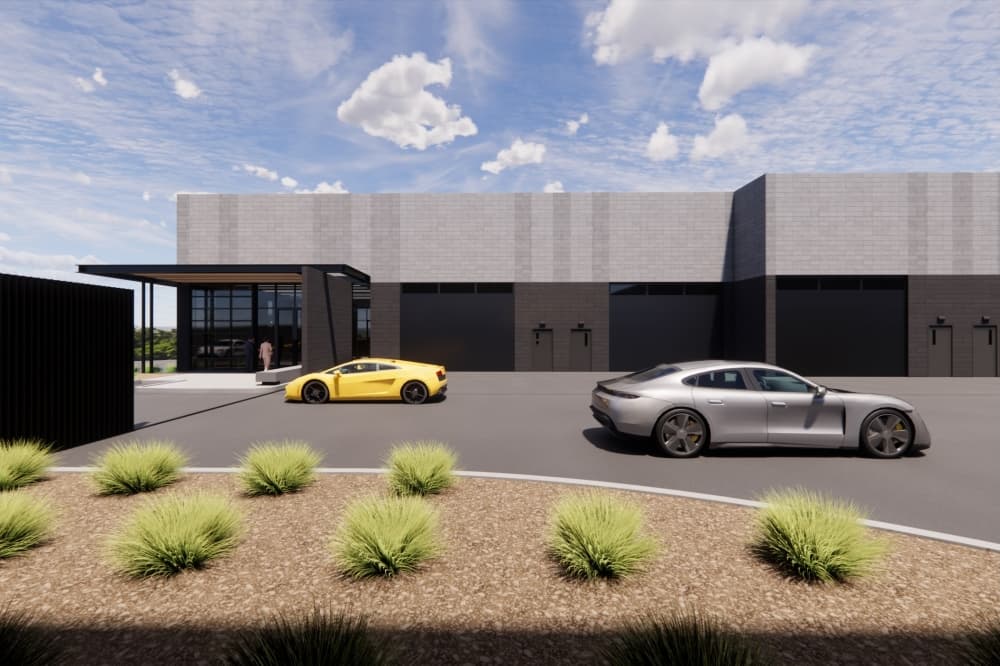 Rendering of the exterior and entrance of the development
