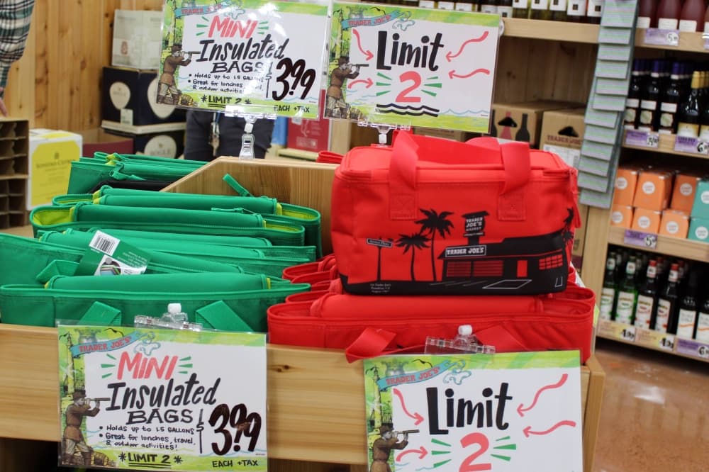 Tote bags with Trader Joe's artwork and logo. 