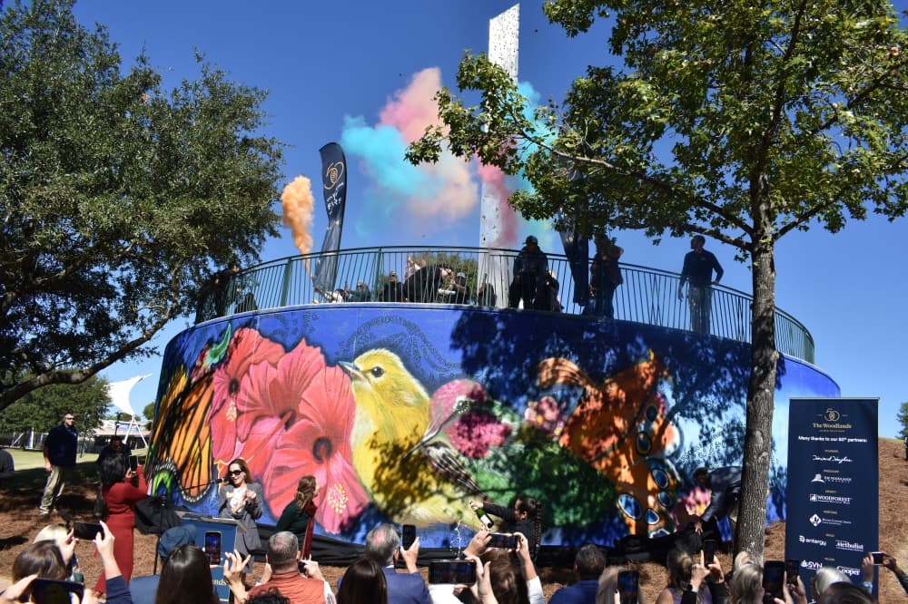 mural unveiling with crowd and color explosions