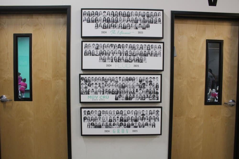 An image of the four dance companies in the studio. 