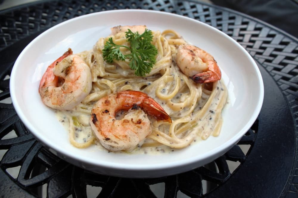 Bowl of shrimp fettuccine. 