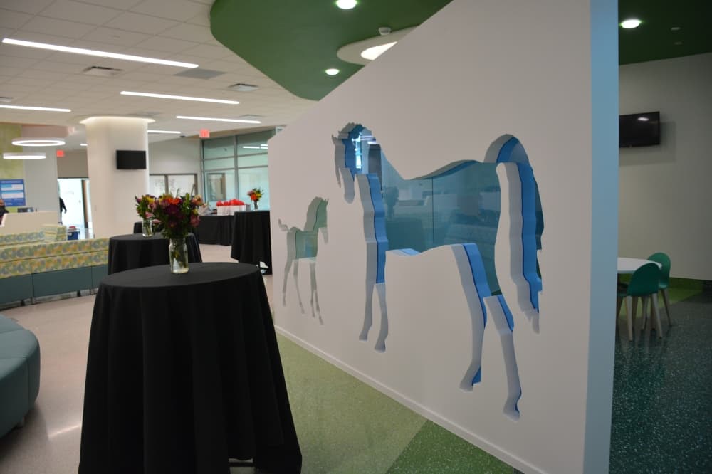 Each floor within Children's Medical Center Plano's new 8-story tower has an animal mascot. The first floor of the tower is horse-themed, which represents the horses that graze pastures near the hospital.