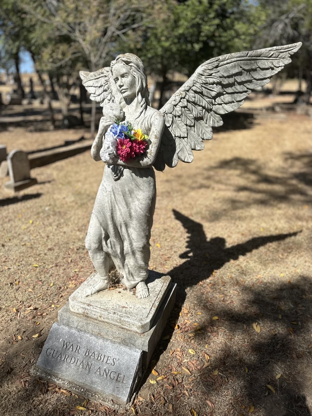 The angel is shown, which marks where the War Babies were buried. 