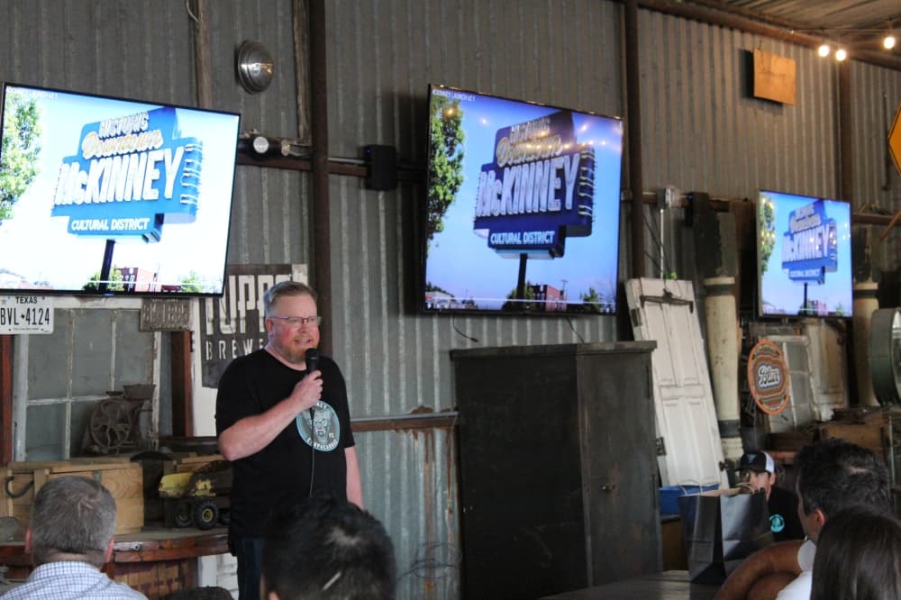 Team owner and managing partner Michael “Hitch” Hitchcock speaks to a crowd about McKinney Chupacabras FC on Oct. 23 at Tupps Brewery.