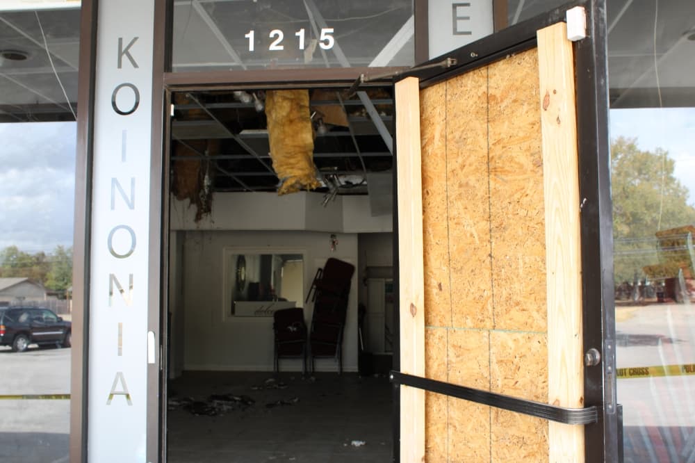 Inside damaged building. 