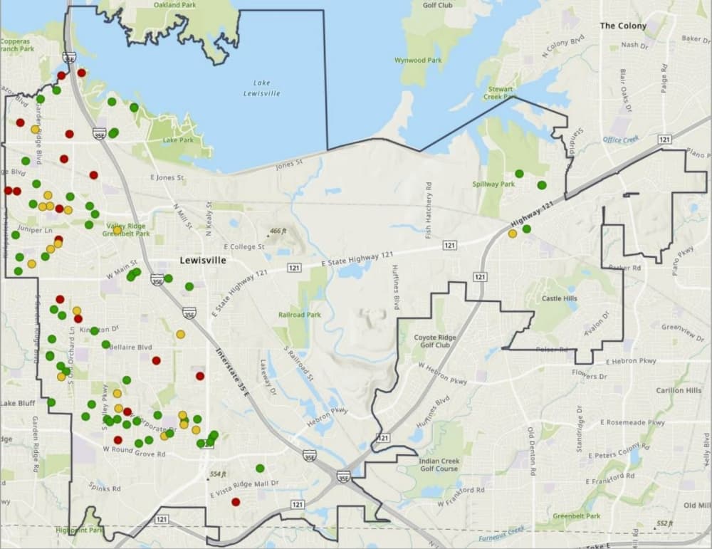 In the most recent map the city plotted 55 permitted rentals in green, 19 in progress in yellow and 17 without permit in red. City documents list 62 permits granted and 16 in progress as of Oct. 21. (courtesy/ city of Lewisville)