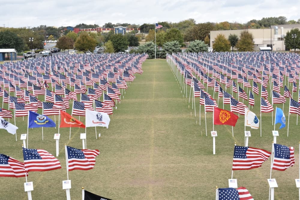 American flags posted on a field. 