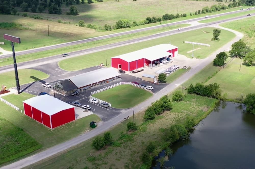 An aerial photo of the business storefront in Cedar Creek. 