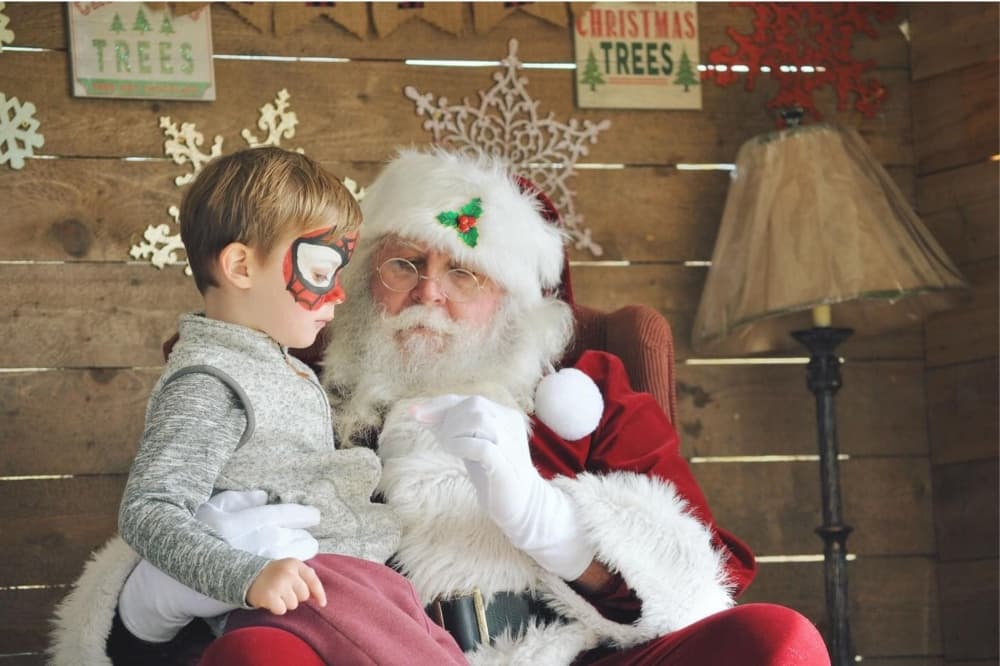 An image of a child with Santa Claus at the farm. 