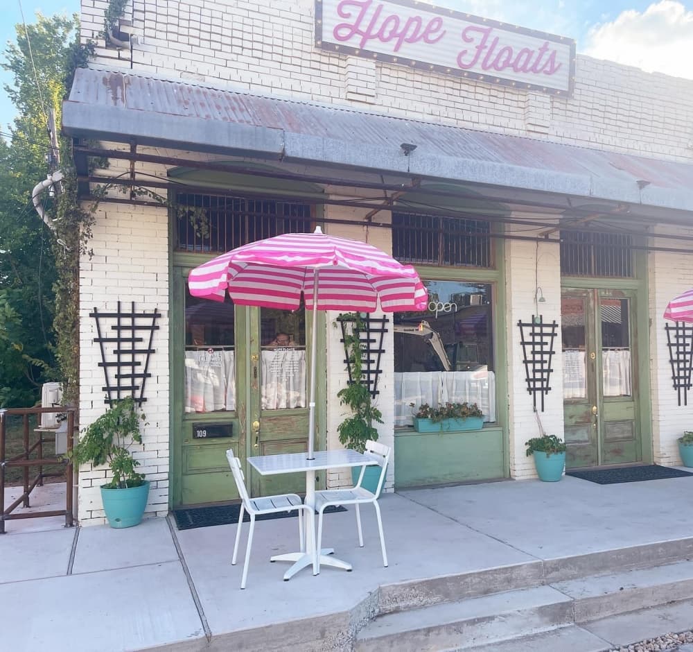 The exterior of Hope Floats is shown.