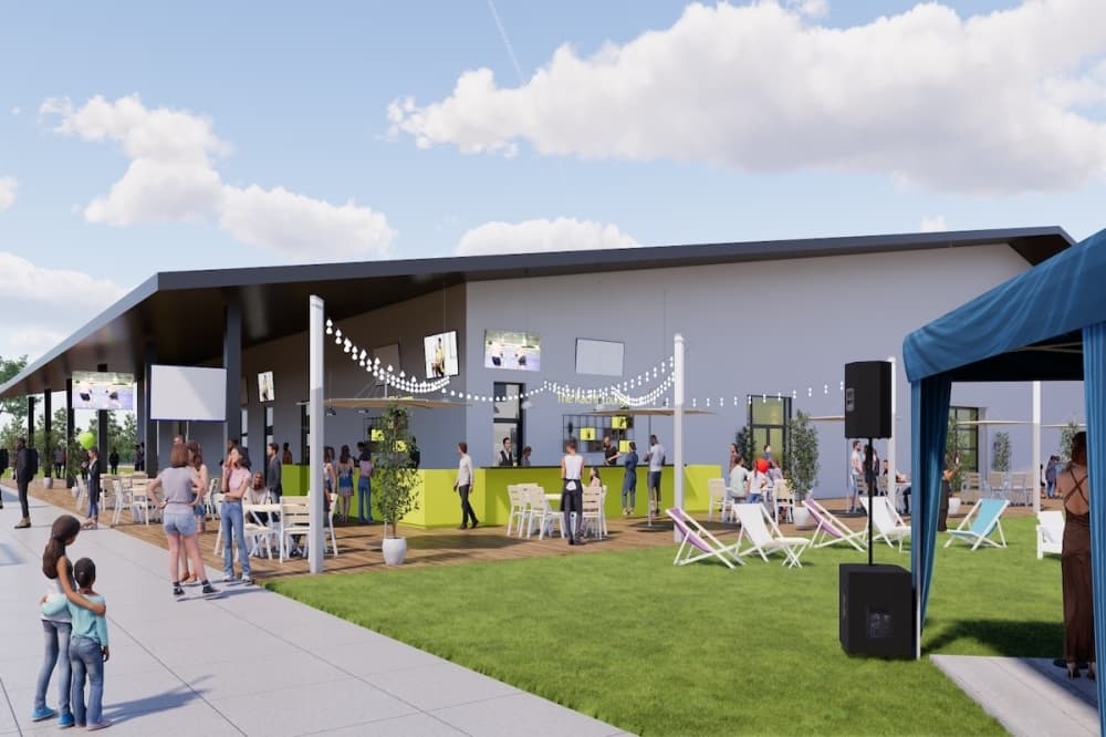 RacFit will open in a 21,900-square-foot building that offers multiple outdoor amenities. There are also plans to expand RacFit by an additional 17,000 square feet in 2026, according to a news release. (Rendering courtesy RacFit)