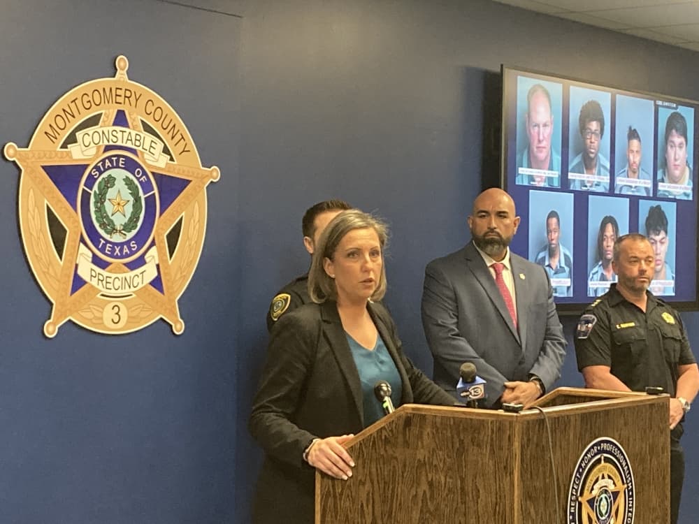 woman at a podium at a press conference