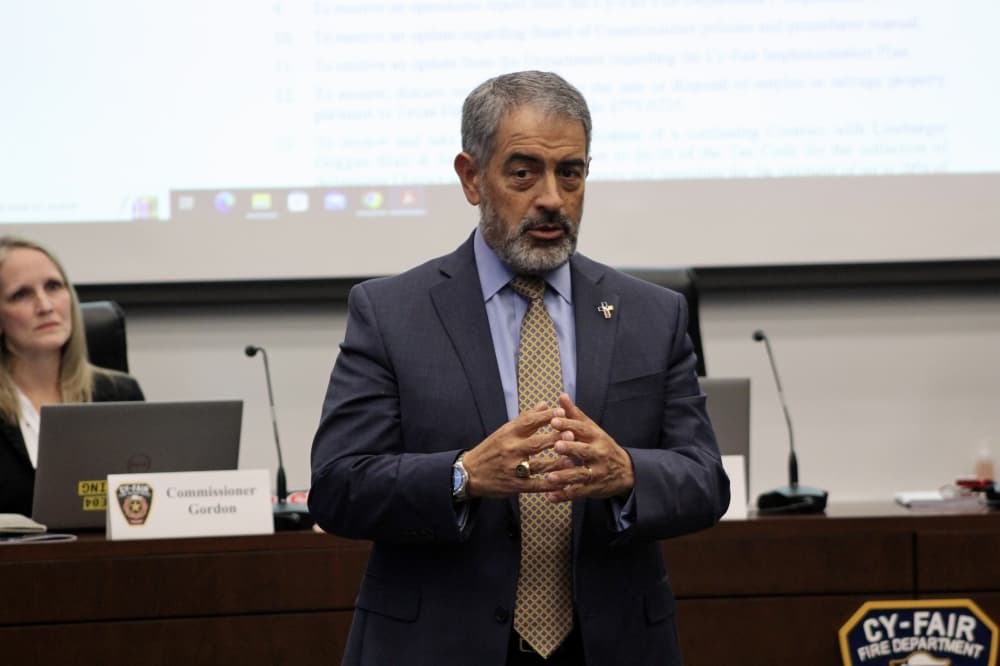 New Harris County Emergency Services District No. 9 commissioner Jamie Martinez gives a speech after being sworn in before a meeting on November 21, 2024.