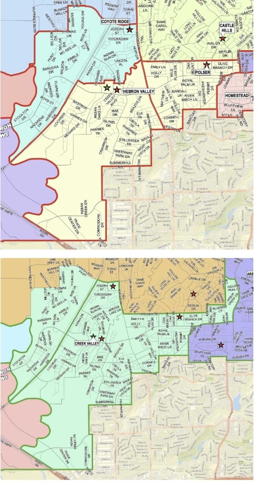 The teal colored zone in the top map is the proposed adjustment for Coyote Ridge Elementary school with the red lines representing the current boundaries. The mint green zone in the bottom map is the proposed adjustment for reek Valley Middle School STEM Academy with the green lines showing current boundaries. (Courtesy / LISD)